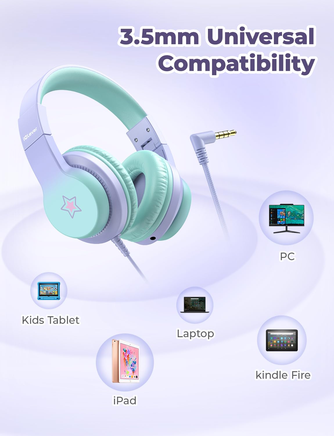 iClever Kinderkopfhörer für Schule und Reisen, sichere Lautstärkebegrenzung, HD-Mikrofon, Stereo-Sound Over-Ear-Kopfhörer für Mädchen und Jungen, FunShare Faltbar, 3,5 mm kabelgebunden für iPad Computer, HS19
