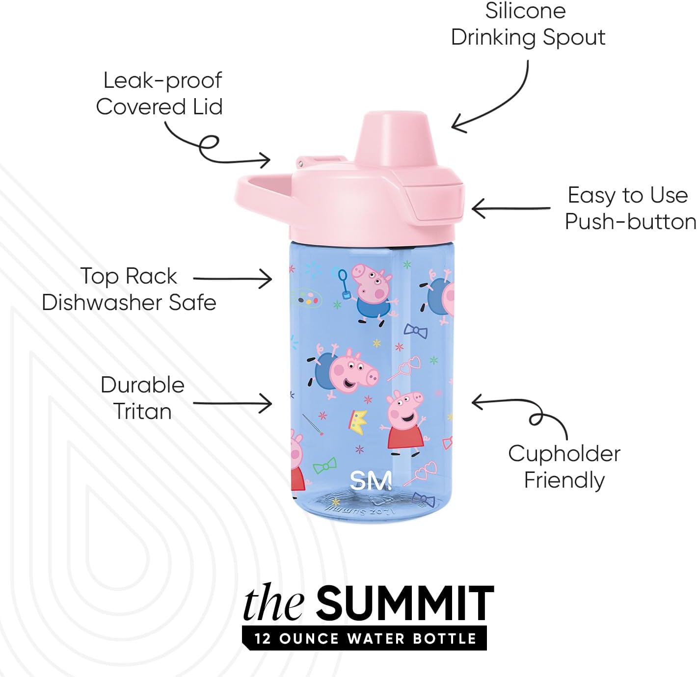 Simple Modern Peppa Pig Kids Tritan Plastic Summit Water Bottle | 12 oz BPA-Free Cup with Covered Leak Proof Straw Lid for Girls, Toddlers | Bubbles