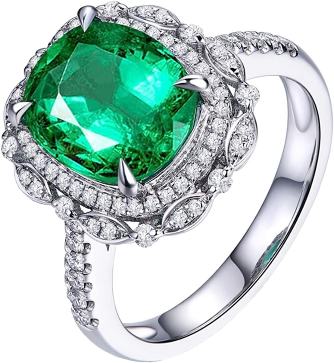 AMDXD 18K White Gold Rings for Girls, Unique Womens Jewelry Green Emerald 3.52ct with White Diamond Womens Ring, 6.5, 18K white gold, Cubic Zirconia