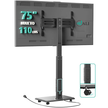 WALI Rolling TV Stand with Power Outlet & AV Shelf, Mobile Tall TV Stand Mount on Wheels for 34-75 inch TV up to 110 lbs, Swivel Height Adjustable TV Cart with Wood Base for Bedroom(TVDVD-6PRW), White