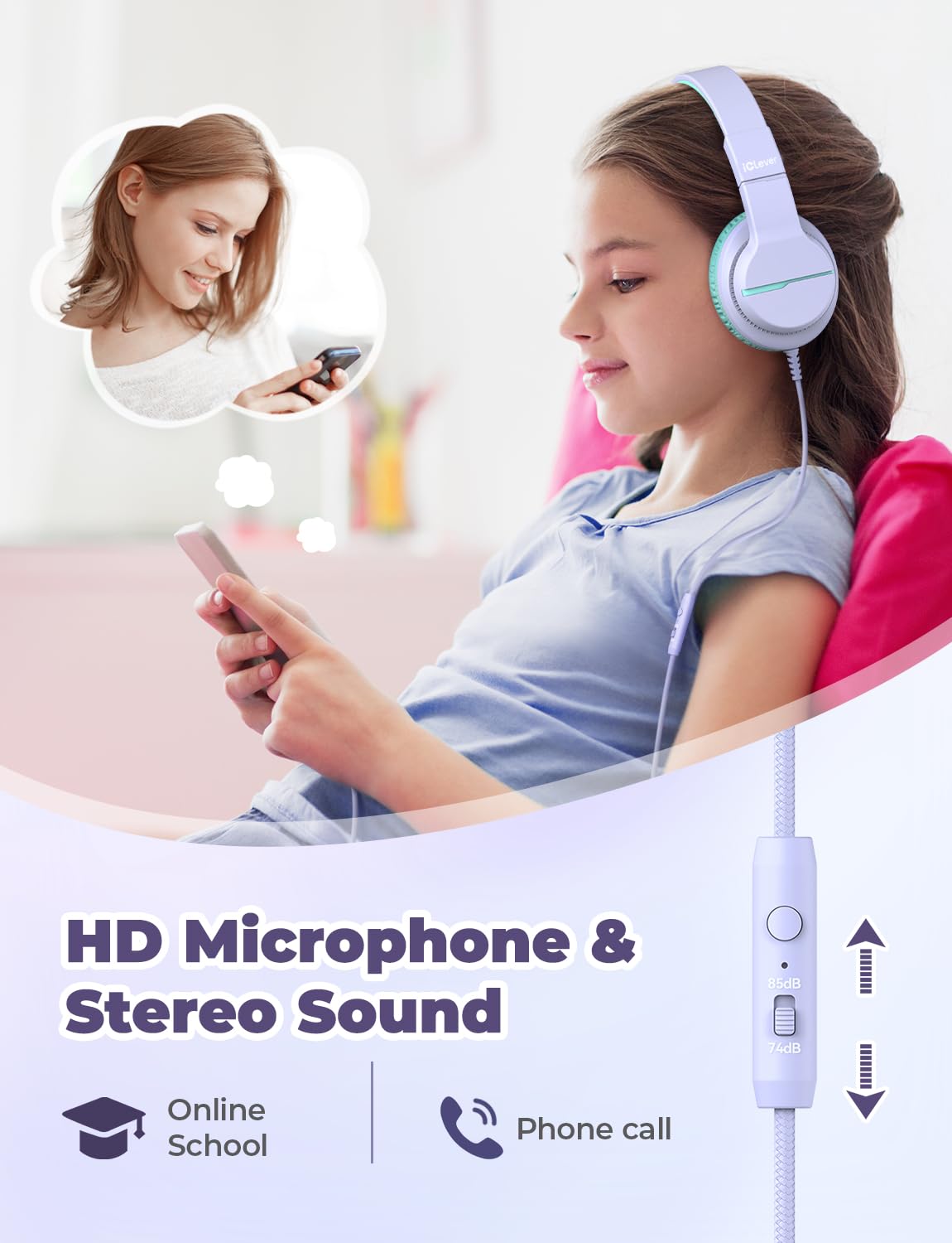iClever Kinderkopfhörer für Schule und Reisen, sichere Lautstärkebegrenzung, HD-Mikrofon, Stereo-Sound Over-Ear-Kopfhörer für Mädchen und Jungen, FunShare Faltbar, 3,5 mm kabelgebunden für iPad Computer, HS19