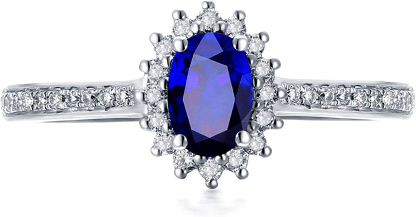 Aienid 18Ct White Gold Wedding Bands for Women 0.56Ct Blue Topaz Oval Shaped with Round Diamond Wedding Rings for Women