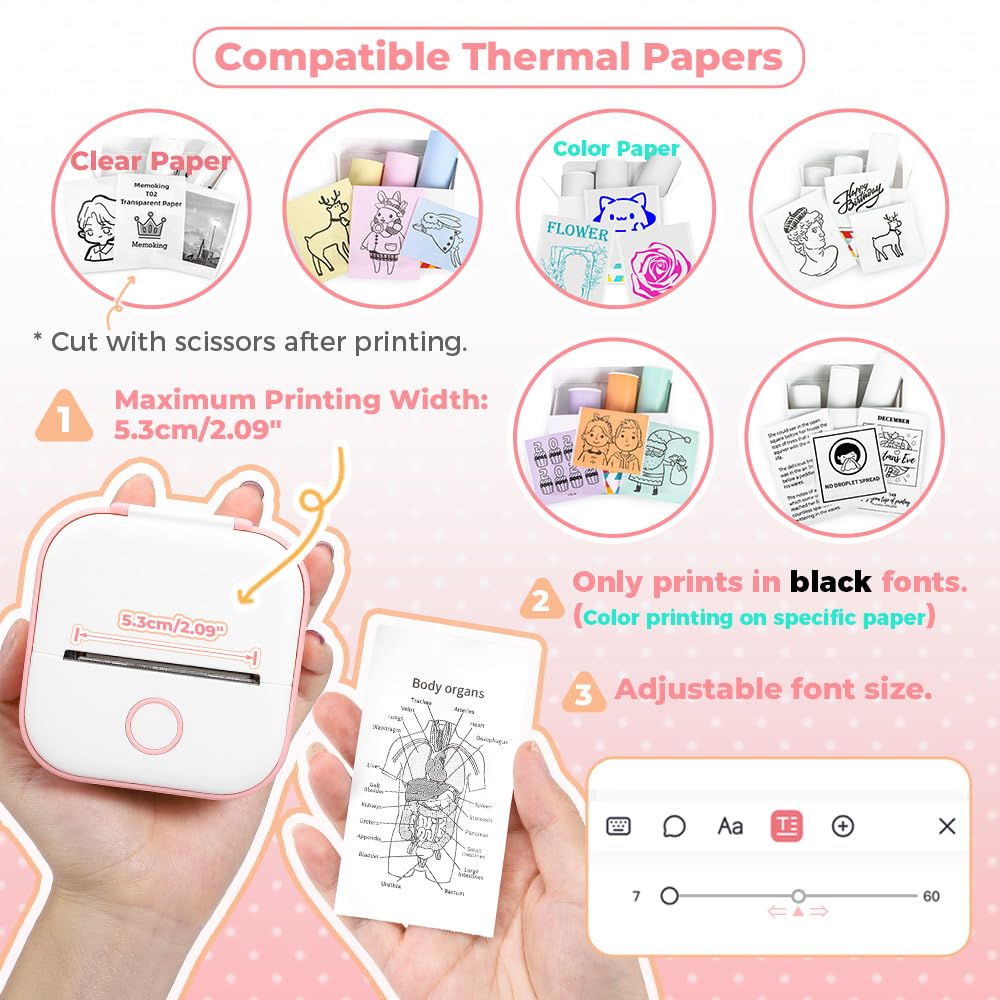 Memoking Mini-Drucker - T02 Aufkleberdrucker, Druckkapsel, tragbarer thermischer tintenloser Aufkleberhersteller, Bluetooth-Taschen-Minifotodrucker, Sofortdruck, Smart AI APP, für Studentenstudiennotizen, Tagebuch, Heimwerker, Geschenk