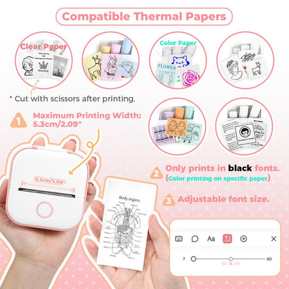 Memoking Mini-Drucker - T02 Aufkleberdrucker, Druckkapsel, tragbarer thermischer tintenloser Aufkleberhersteller, Bluetooth-Taschen-Minifotodrucker, Sofortdruck, Smart AI APP, für Studentenstudiennotizen, Tagebuch, Heimwerker, Geschenk
