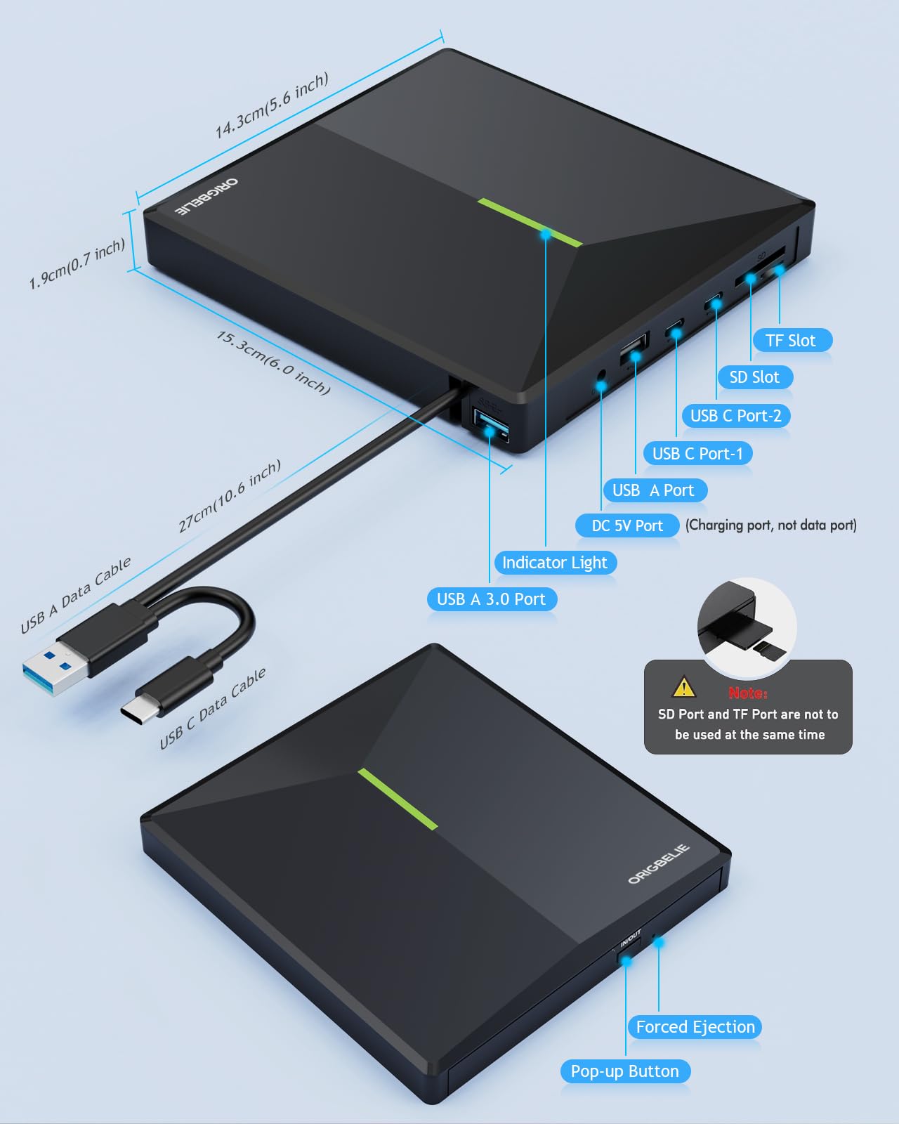 ORIGBELIE externes DVD-Laufwerk, CD-Laufwerk USB 3.0 Typ-C CD/DVD ROM +/-RW Adapter mit USB-Anschluss DVD-Brenner für Laptop, PC, Desktop-Computer, optisches Laufwerk CD-Player kompatibel mit Mac Windows Linux