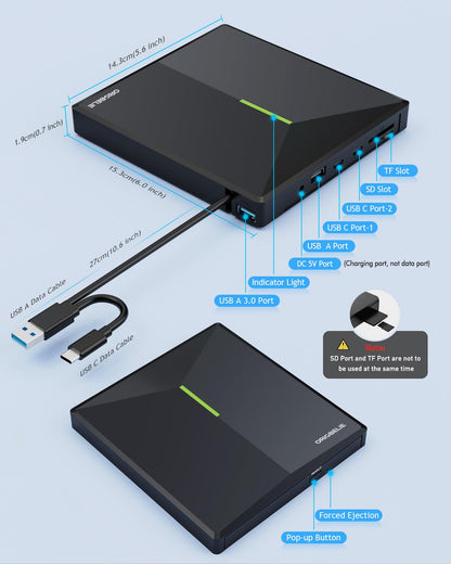 ORIGBELIE externes DVD-Laufwerk, CD-Laufwerk USB 3.0 Typ-C CD/DVD ROM +/-RW Adapter mit USB-Anschluss DVD-Brenner für Laptop, PC, Desktop-Computer, optisches Laufwerk CD-Player kompatibel mit Mac Windows Linux