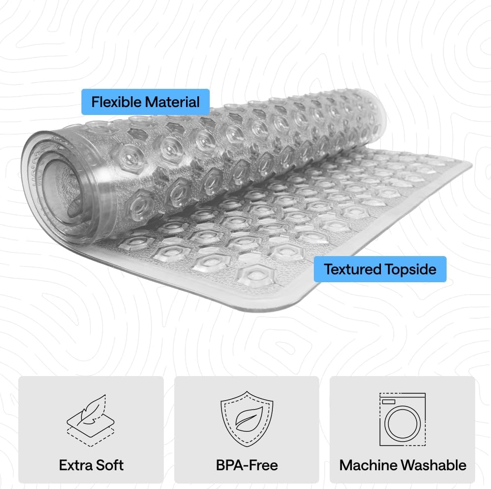 GORILLA GRIP Patentierte Badewannen-Duschmatte, Maschinenwaschbare Badewannenbodenmatte, Saugnäpfe und Abflusslöcher für saubere Wannen, Badezimmer-Essentials, 89x41 cm, Transparent