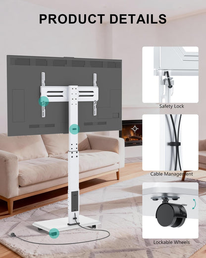 WALI Rolling TV Stand with Power Outlet & AV Shelf, Mobile Tall TV Stand Mount on Wheels for 34-75 inch TV up to 110 lbs, Swivel Height Adjustable TV Cart with Wood Base for Bedroom(TVDVD-6PRW), White