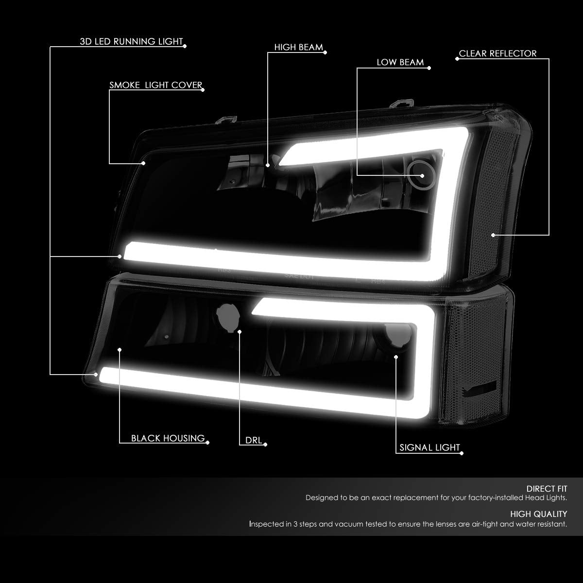 DNA MOTORING HL-LB-CSIL03-BK-CL1 Black Housing 3D LED DRL Headlight Bumper Lamp Set Compatible with 03-06 Silverado 1500-3500 / Avalanche 1500 2500