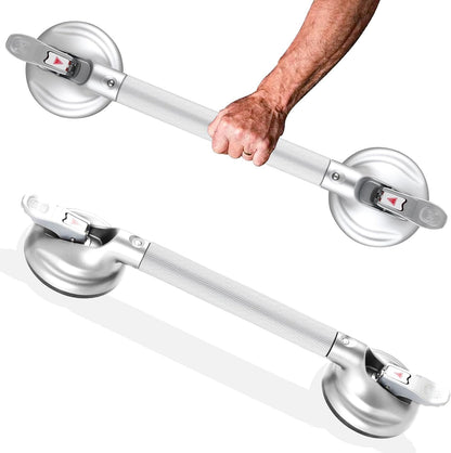 15-Inch Shower Handle - Upgraded Grab Bar with Strong Suction Cups for Bathtub & Shower Safety, Ideal for Seniors, Elderly, Disabled -Silver