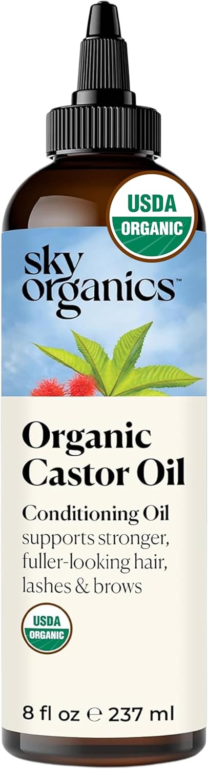 Sky Organics Castor Oil (237 ml) USDA Organic Castor Oil Cold Pressed, 100% Pure, Hexane Free Organic Castor Oil – Moisturizing for Hair, Skin, Eyelashes, Brows, Castor Oil for Face and Hair