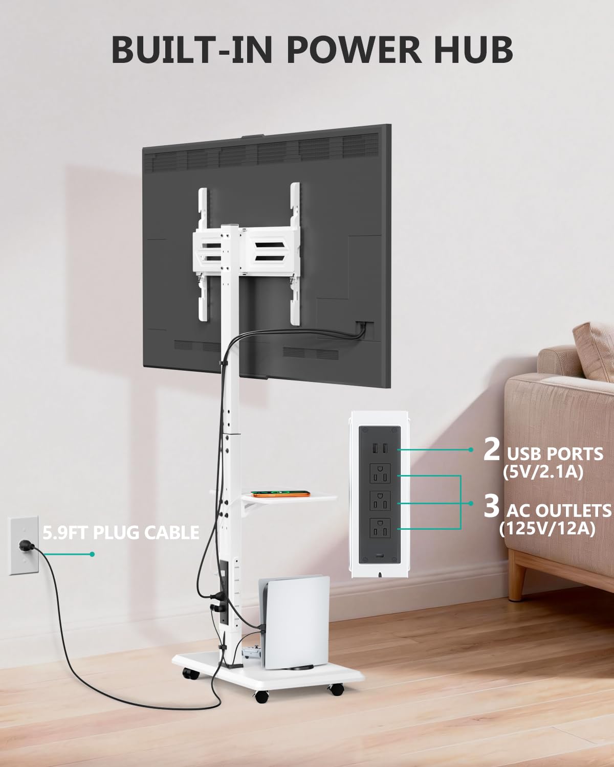 WALI Rolling TV Stand with Power Outlet & AV Shelf, Mobile Tall TV Stand Mount on Wheels for 34-75 inch TV up to 110 lbs, Swivel Height Adjustable TV Cart with Wood Base for Bedroom(TVDVD-6PRW), White