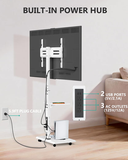 WALI Rolling TV Stand with Power Outlet & AV Shelf, Mobile Tall TV Stand Mount on Wheels for 34-75 inch TV up to 110 lbs, Swivel Height Adjustable TV Cart with Wood Base for Bedroom(TVDVD-6PRW), White