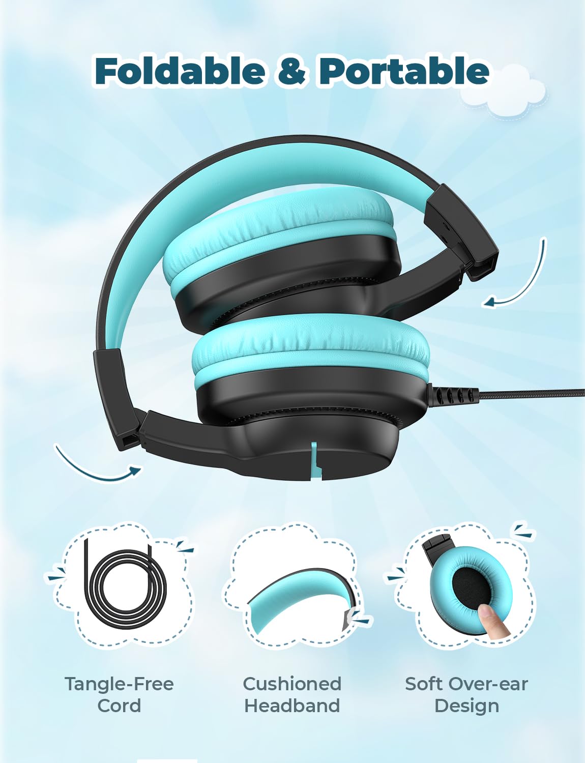 iClever Kinderkopfhörer für Schule und Reisen, sichere Lautstärkebegrenzung, HD-Mikrofon, Stereo-Sound Over-Ear-Kopfhörer für Mädchen und Jungen, FunShare Faltbar, 3,5 mm kabelgebunden für iPad Computer, HS19