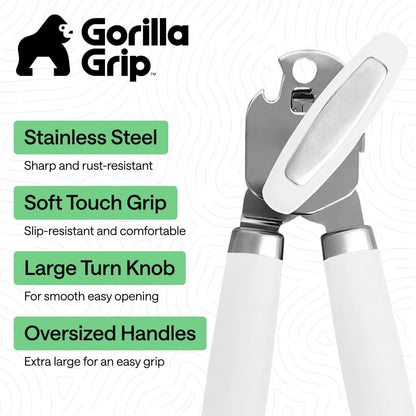 GORILLA GRIP Robuster manueller Dosenöffner, Flaschenöffner aus Edelstahl, öffnet Dosen mühelos, scharfe Klinge mit glattem Schnitt, leicht drehbarer Knopf für Senioren mit Arthritis, Küchenhelfer, Schwarz
