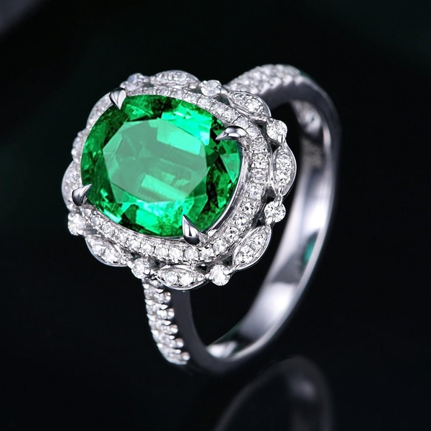 AMDXD 18K White Gold Rings for Girls, Unique Womens Jewelry Green Emerald 3.52ct with White Diamond Womens Ring, 6.5, 18K white gold, Cubic Zirconia