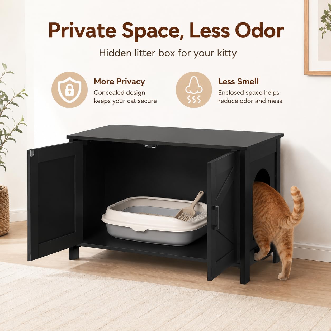 Homhedy Cat Litter Box Enclosure, Wooden Cat Washroom Furniture with Barn Door, Pet House, Fit Most of Litter Box, White