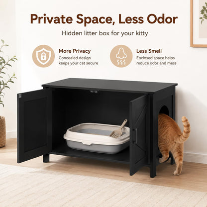 Homhedy Cat Litter Box Enclosure, Wooden Cat Washroom Furniture with Barn Door, Pet House, Fit Most of Litter Box, White