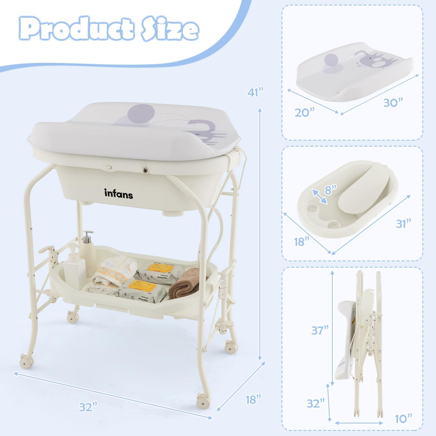 INFANS 2 in 1 Baby Changing Table with Bath Tub Unit, Folding Diaper Dresser Station with Wheels Waterproof Pad Storage Rack, Portable Nursery Organizer Stand for Newborn Infant