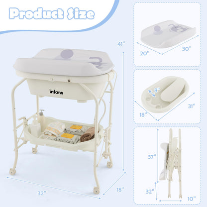 INFANS 2 in 1 Baby Changing Table with Bath Tub Unit, Folding Diaper Dresser Station with Wheels Waterproof Pad Storage Rack, Portable Nursery Organizer Stand for Newborn Infant