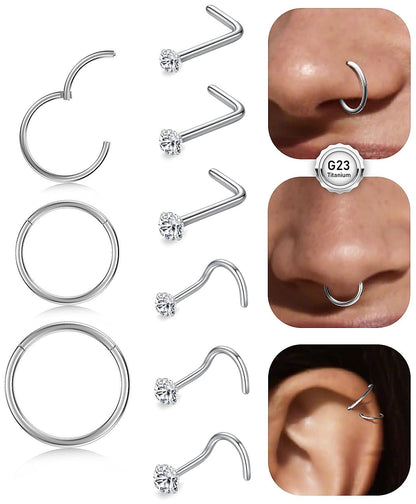 Opal Nose Ring Studs Horseshoe Nose Rings Hoops Stud 316L Stainless Steel Nose Rings Round CZ Square Screw L Shaped Nose Stud Hypoallergenic Nostril Piercing Jewelry for Women Men