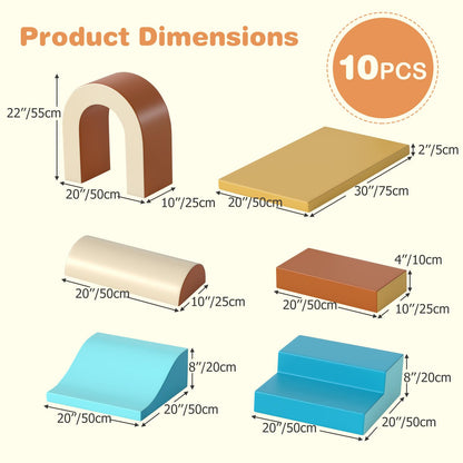Olakids Toddler Climbing Toys Indoor, 10 Pieces Baby Foam Blocks Soft Play Set with PU Leather, Kids Climb Crawling Activity Gym Playground for 1+ Years (Brown)