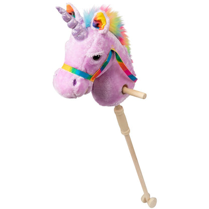 HollyHOME Plüsch Einhorn Steckenpferd mit Holzrädern Echten Pony Wiehern und Galoppieren Geräuschen Plüschtier Rosa 94 cm (AA Batterien Benötigt)
