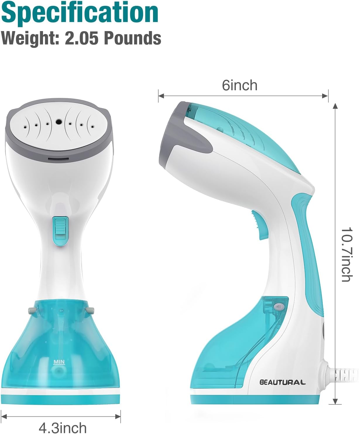 BEAUTURAL 1200-Watt Handheld-Dampfglätter für Kleidung, 30 Sekunden Aufheizzeit, 260 ml Wassertank, Aqua