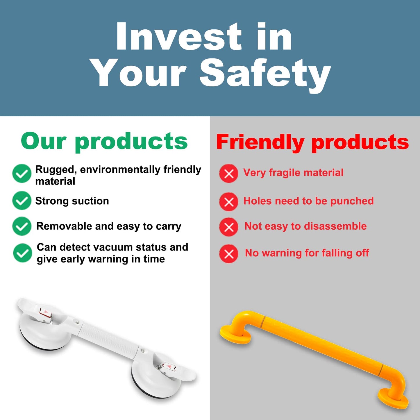 15-Inch Shower Handle - Upgraded Grab Bar with Strong Suction Cups for Bathtub & Shower Safety, Ideal for Seniors, Elderly, Disabled -Silver