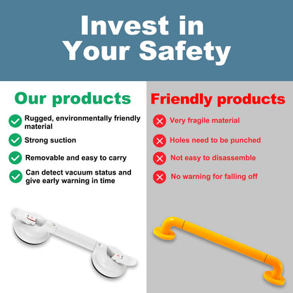 15-Inch Shower Handle - Upgraded Grab Bar with Strong Suction Cups for Bathtub & Shower Safety, Ideal for Seniors, Elderly, Disabled -Silver