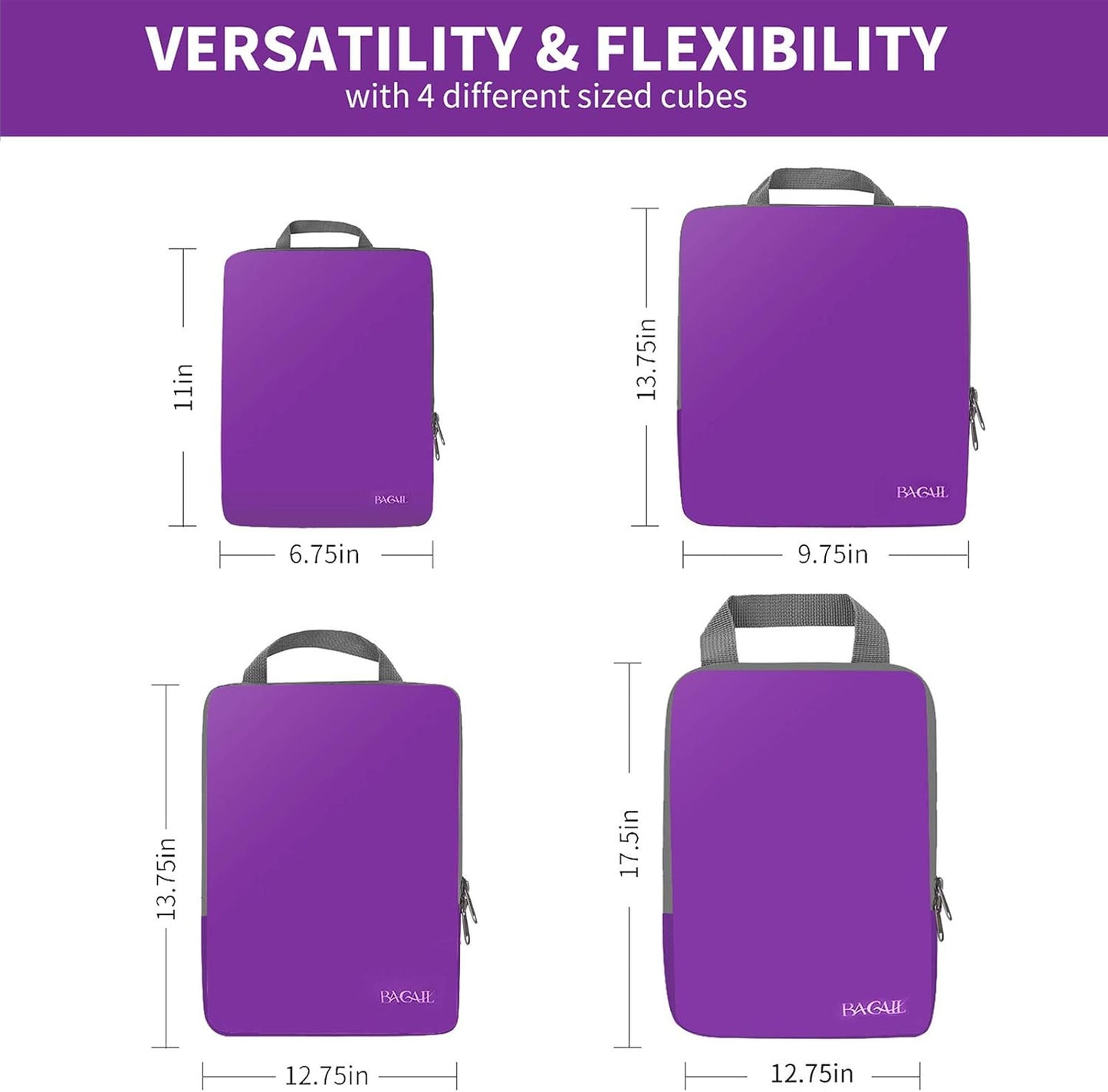 BAGAIL 4er-Set Kompressions-Packwürfel Reise-erweiterbare Packorganizer (Schwarz, 4er-Set)