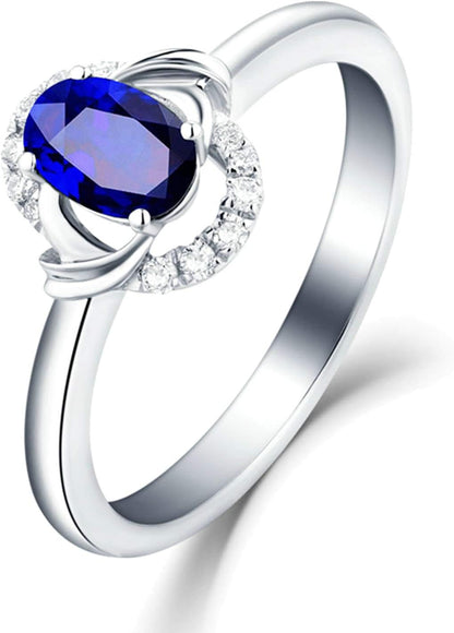 Aienid 18Ct White Gold Promise Ring for Friends Oval Cut Blue Sapphire with White Diamond Wedding Rings for Women