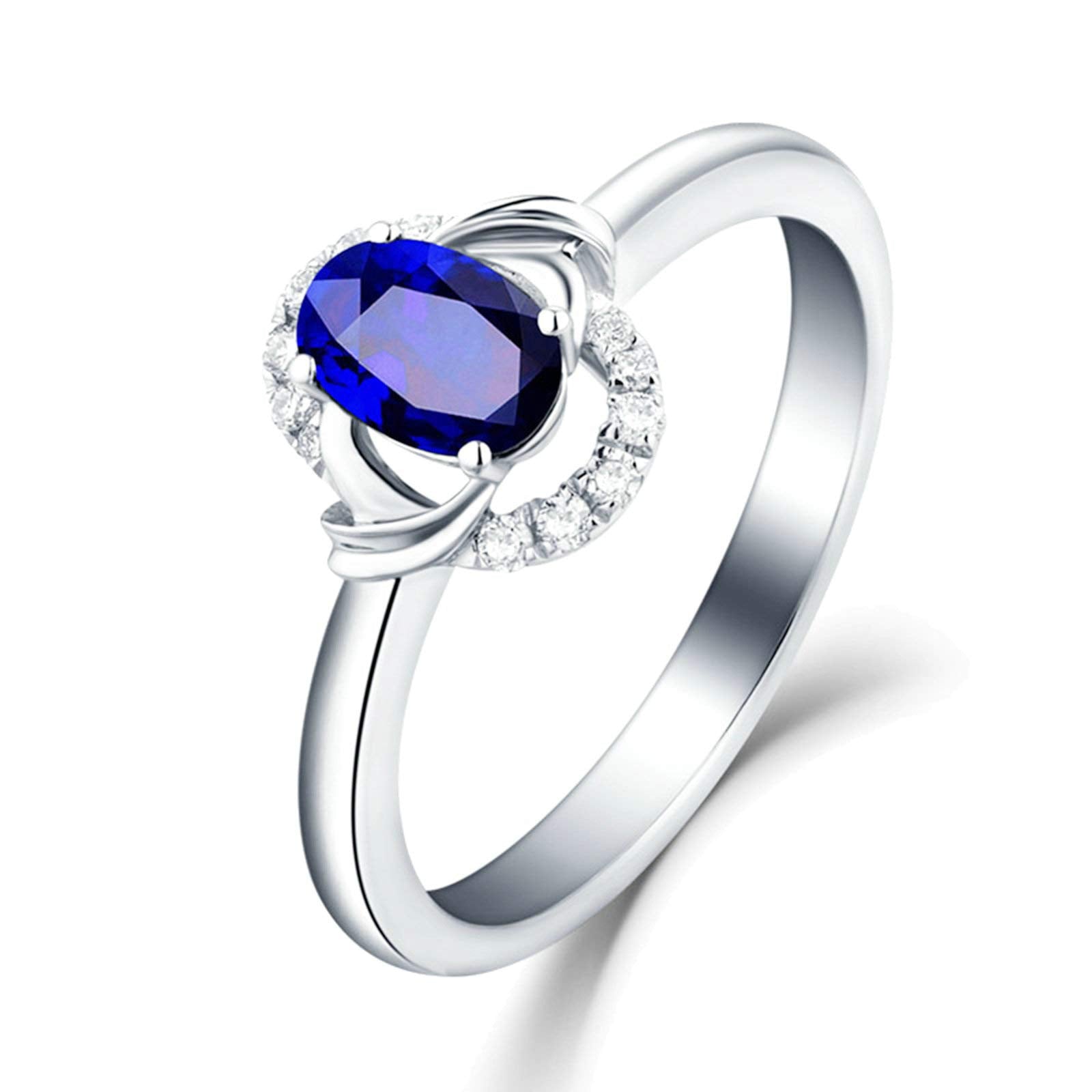 Aienid 18Ct White Gold Promise Ring for Friends Oval Cut Blue Sapphire with White Diamond Wedding Rings for Women