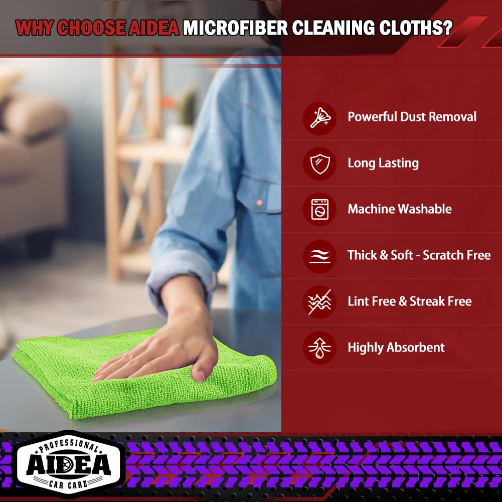 AIDEA Microfiber Cleaning Cloths-50PK, Microfiber Towels for Cars, Premium All-Purpose Car Cloth, Dusting Cleaning Rags, Absorbent Towels for SUVs, House, Kitchen, Window, Gift-12×12"