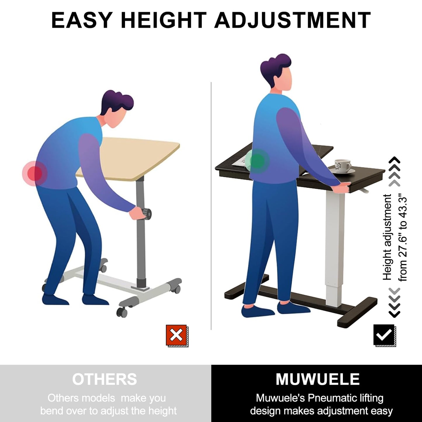 Muwuele Solid Wood Overbed Bedside Table with Wheels, Adjustable Medical Tilt Top Hospital Bed Table Over The Bed, Rolling Laptop Desk, Mobile Standing Desk for Hospital and Home Use (Walnut)
