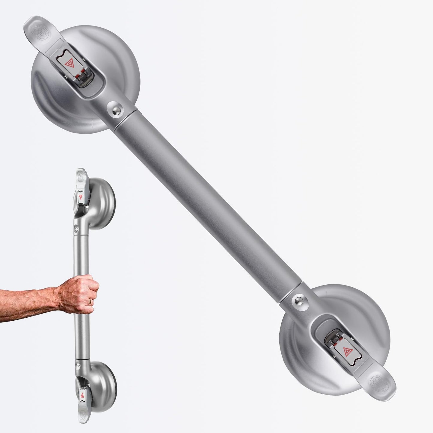 15-Inch Shower Handle - Upgraded Grab Bar with Strong Suction Cups for Bathtub & Shower Safety, Ideal for Seniors, Elderly, Disabled -Silver