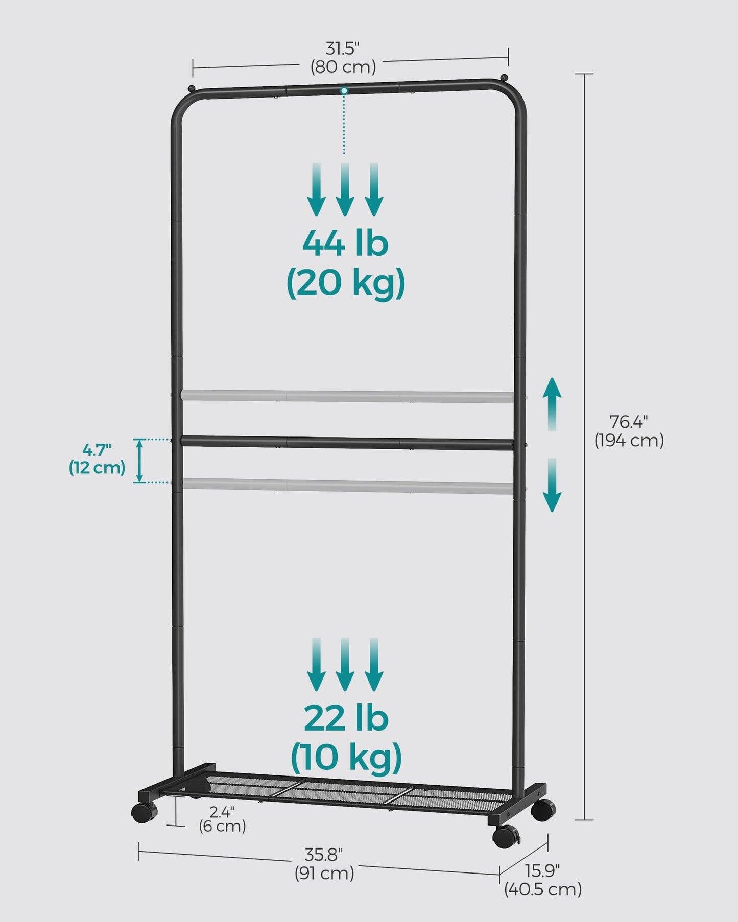 SONGMICS Clothes Rack with Wheels, Clothing Rack for Hanging Clothes, 25.4 mm Metal Garment Rack with Dense Mesh Storage Shelf, 110 lb Load Capacity, 2 Brakes, Black UHSR25BK
