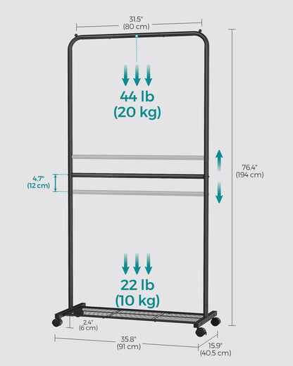 SONGMICS Clothes Rack with Wheels, Clothing Rack for Hanging Clothes, 25.4 mm Metal Garment Rack with Dense Mesh Storage Shelf, 110 lb Load Capacity, 2 Brakes, Black UHSR25BK