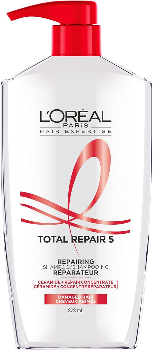 L’Oréal Paris Hair Expertise Total Repair 5 Shampoo for Dry and Damaged Hair, With Keratin XS Technology to Repair Split Ends and Restore Strength Bond, 828ml (Packaging May Vary)