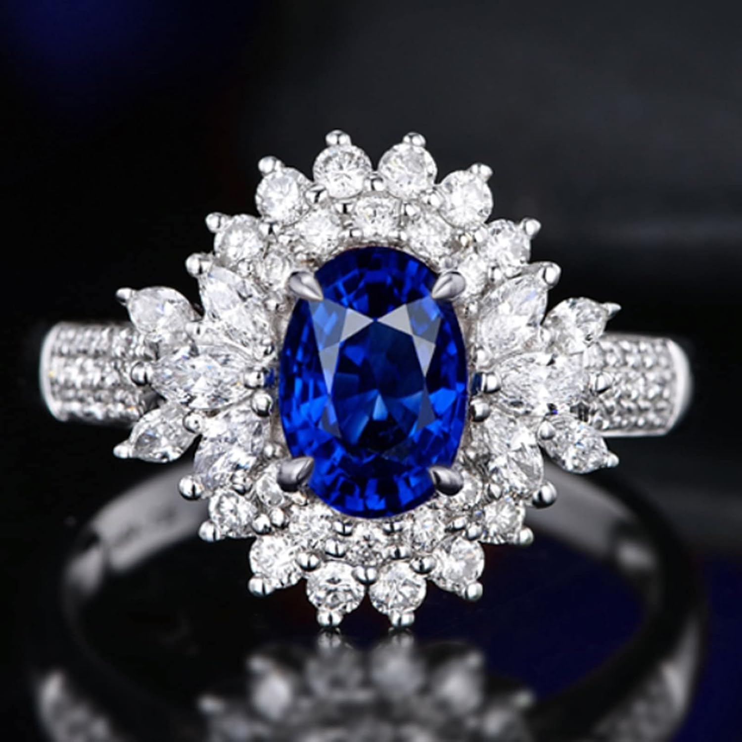 AMDXD 18K White Gold Rings for Women, Luxury Flower Rings for Girls Blue Sapphire 1.8ct with White Diamond Womens Ring, 9, 18K white gold, cubic-zirconia