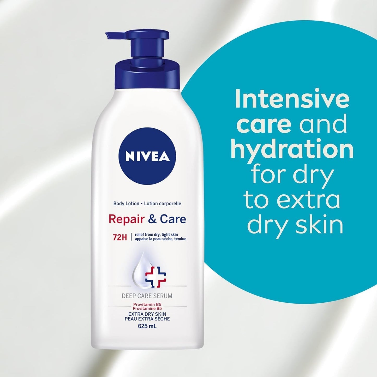 NIVEA Repair & Care Ungeduftete Body Lotion | Lang anhaltend | 72H Feuchtigkeit | Für trockene, gespannte und empfindliche Haut | Parfümfreie tägliche Feuchtigkeitspflege | Zieht schnell ein | 625ml Pumpflasche