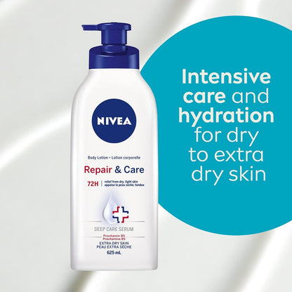 NIVEA Repair & Care Ungeduftete Body Lotion | Lang anhaltend | 72H Feuchtigkeit | Für trockene, gespannte und empfindliche Haut | Parfümfreie tägliche Feuchtigkeitspflege | Zieht schnell ein | 625ml Pumpflasche