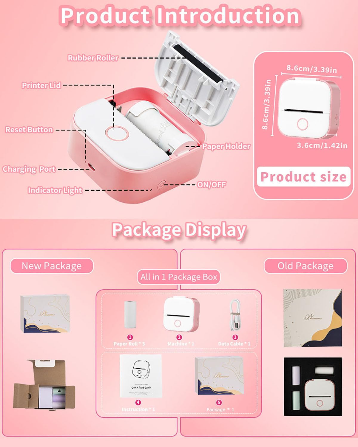 Memoking Mini-Drucker - T02 Aufkleberdrucker, Druckkapsel, tragbarer thermischer tintenloser Aufkleberhersteller, Bluetooth-Taschen-Minifotodrucker, Sofortdruck, Smart AI APP, für Studentenstudiennotizen, Tagebuch, Heimwerker, Geschenk