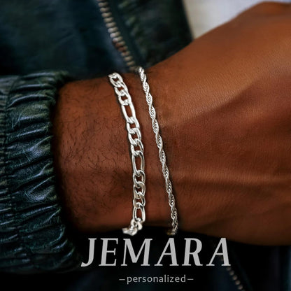 3 Stück Herren Silber Armbänder, robustes Curb Edelstahl Breite Schlangenkette Figaro Cuban Armband Set 7/7.8+1.2 Zoll verstellbares Stapel-Silberkettenarmband für Männer