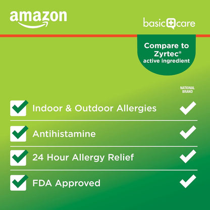 Amazon Basic Care All Day Allergy,Cetirizine Hydrochloride Tablets,10 mg,24-Hour Relief for Sneezing,Runny Nose,Itchy Eyes&Throat,Indoor&Outdoor Allergy Relief,30 Count (Packaging may vary)(Pack of 2)