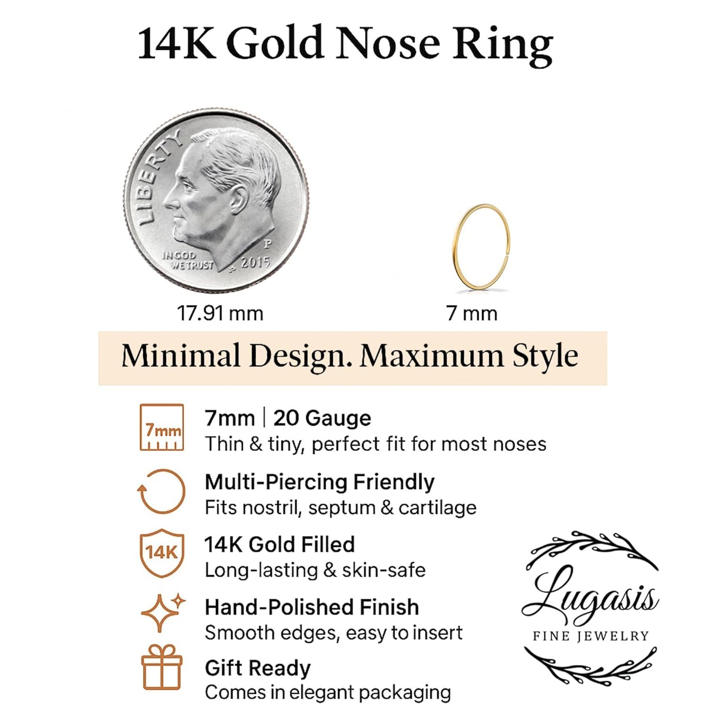 Kleiner Nasenring-Reif 20 G Nasenpiercing-Reif - 14K Gold Filled Nasenpiercing-Reif - Goldschmuck-Nasenring - Nasenringe für Frauen