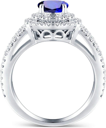 Aienid 18Ct White Gold Wedding Rings for Women 4 Claws Oval Blue Sapphire with Shinny Diamond Wedding Rings for Women