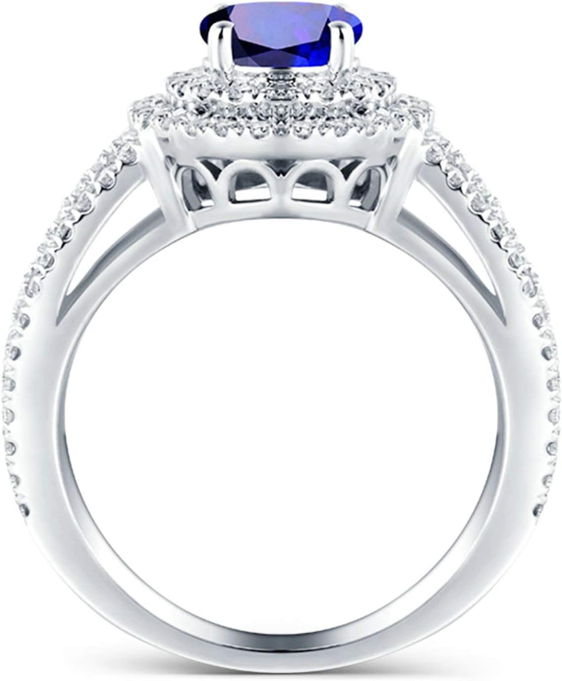 KnSam Women Ring 18K, Blue Sapphire 4 Claws Oval Sapphire with Shinny Diamond