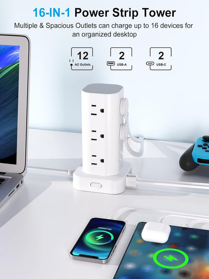 Power Strip Tower with Multiple Outlets and USB Ports