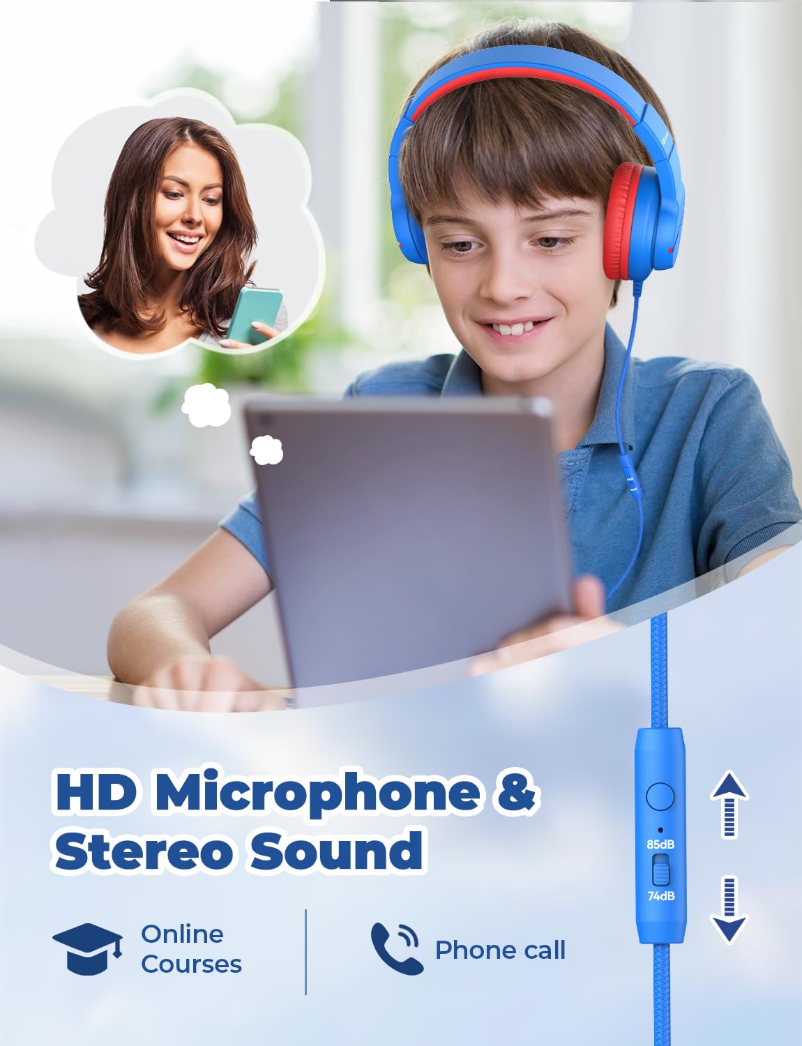 iClever Kinderkopfhörer für Schule und Reisen, sichere Lautstärkebegrenzung, HD-Mikrofon, Stereo-Sound Over-Ear-Kopfhörer für Mädchen und Jungen, FunShare Faltbar, 3,5 mm kabelgebunden für iPad Computer, HS19